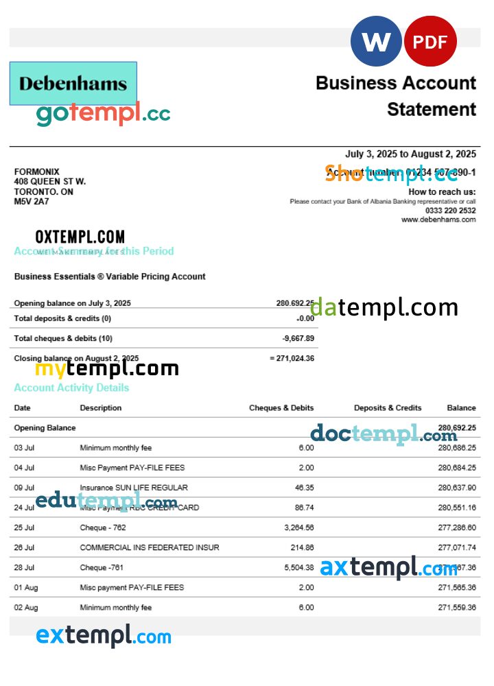 United Kingdom Debenhams business checking account statement Word and PDF template