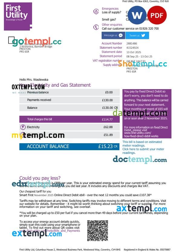 United Kingdom First Utility Ltd Electricity and Gas utility bill in Word and PDF format