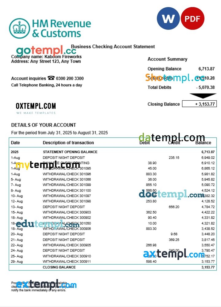 United Kingdom HM Revenue & Customs enterprise statement Word and PDF template