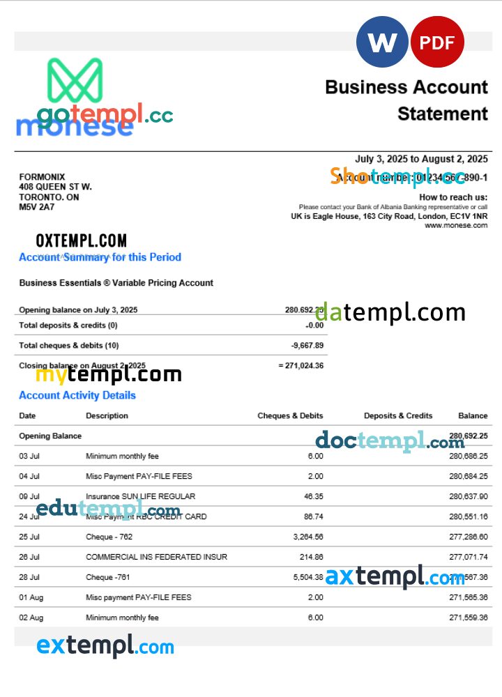 United Kingdom Monese firm account statement Word and PDF template