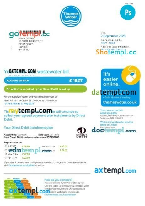 United Kingdom Thames Water utility bill template in PSD format, version 2