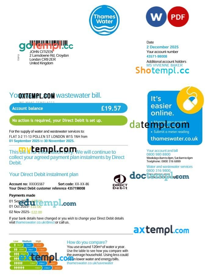United Kingdom Thames Water utility bill template in Word and PDF format, 3 pages, version 2
