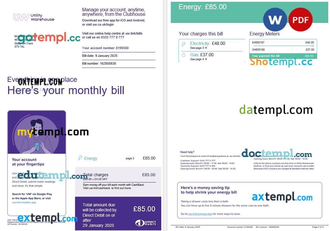 United Kingdom Utility Warehouse utility bill in Word and PDF format