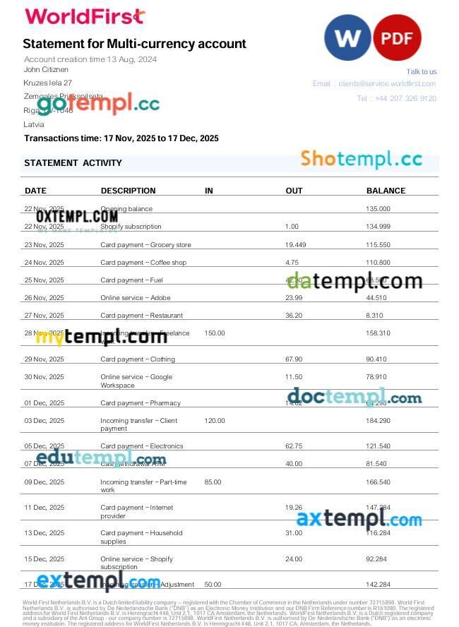 United Kingdom WorldFirst bank statement for Multi-currency account template in Word and PDF format