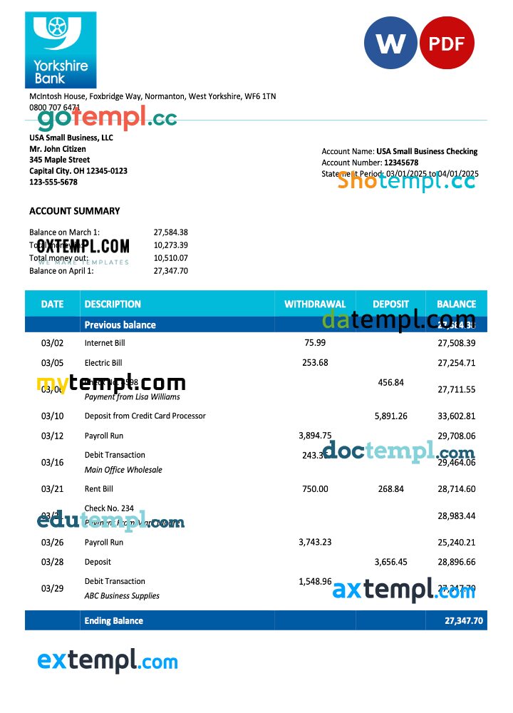 United Kingdom Yorkshire firm account statement Word and PDF template