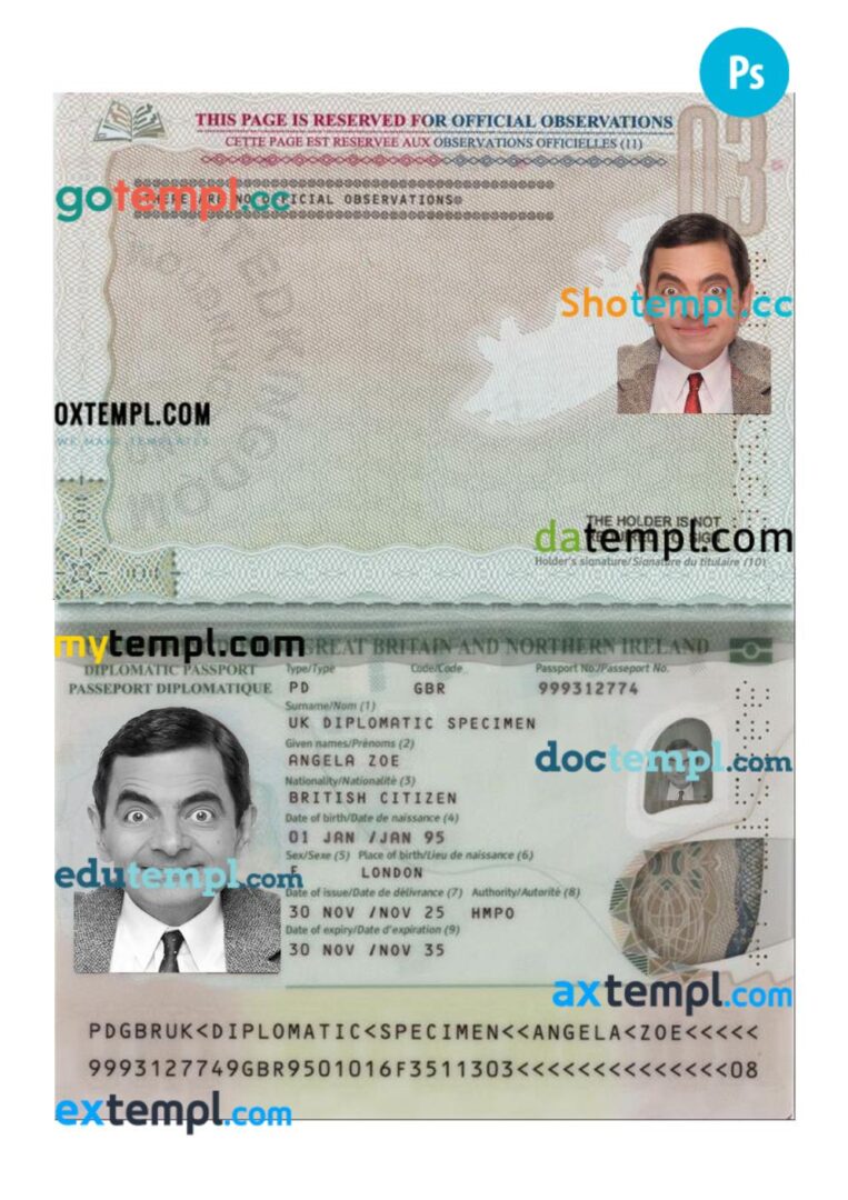 United Kingdom diplomatic passport PSD template, 2025-present
