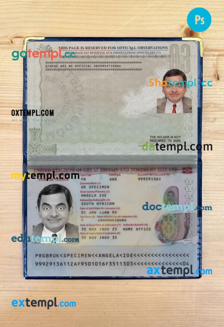 United Kingdom travel passport PSD files with address page, scan and photo-realistic look, 2025-present