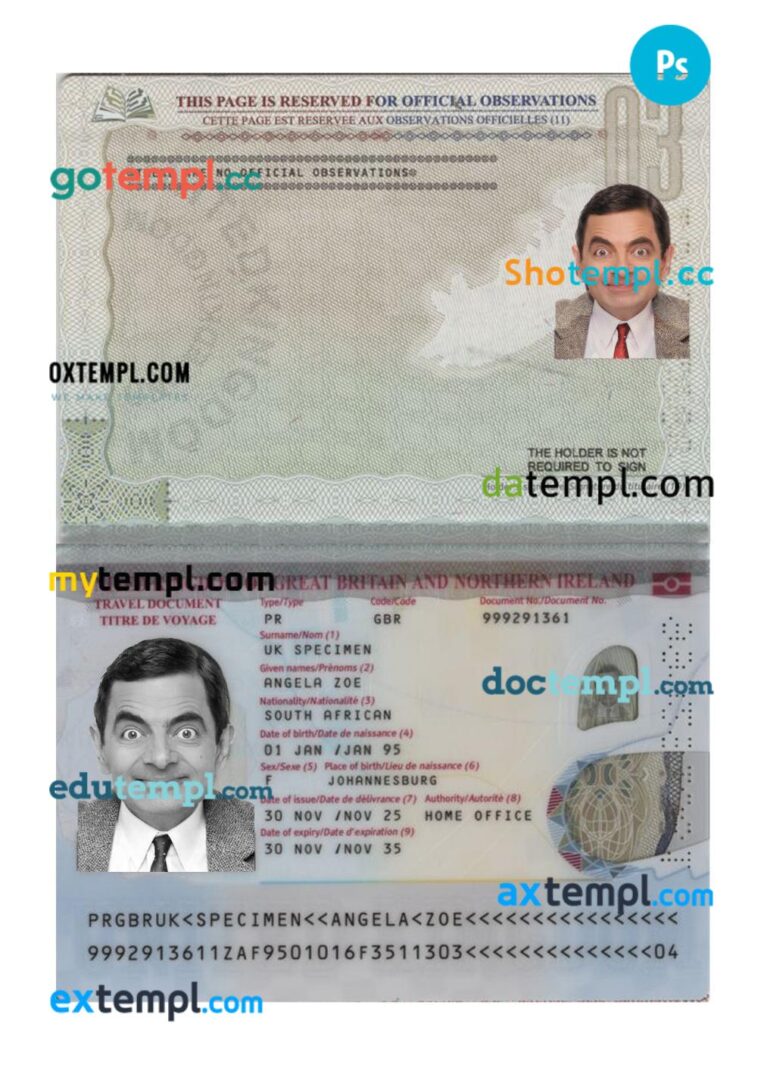 United Kingdom travel passport PSD template, 2025-present