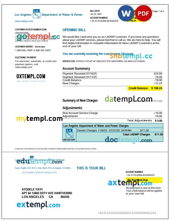 United States LADWP electric charges utility bill in Word and PDF format