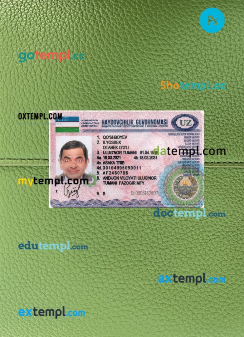 Uzbekistan driving license PSD files, scan look and photographed image, 2 in 1, 2021-present