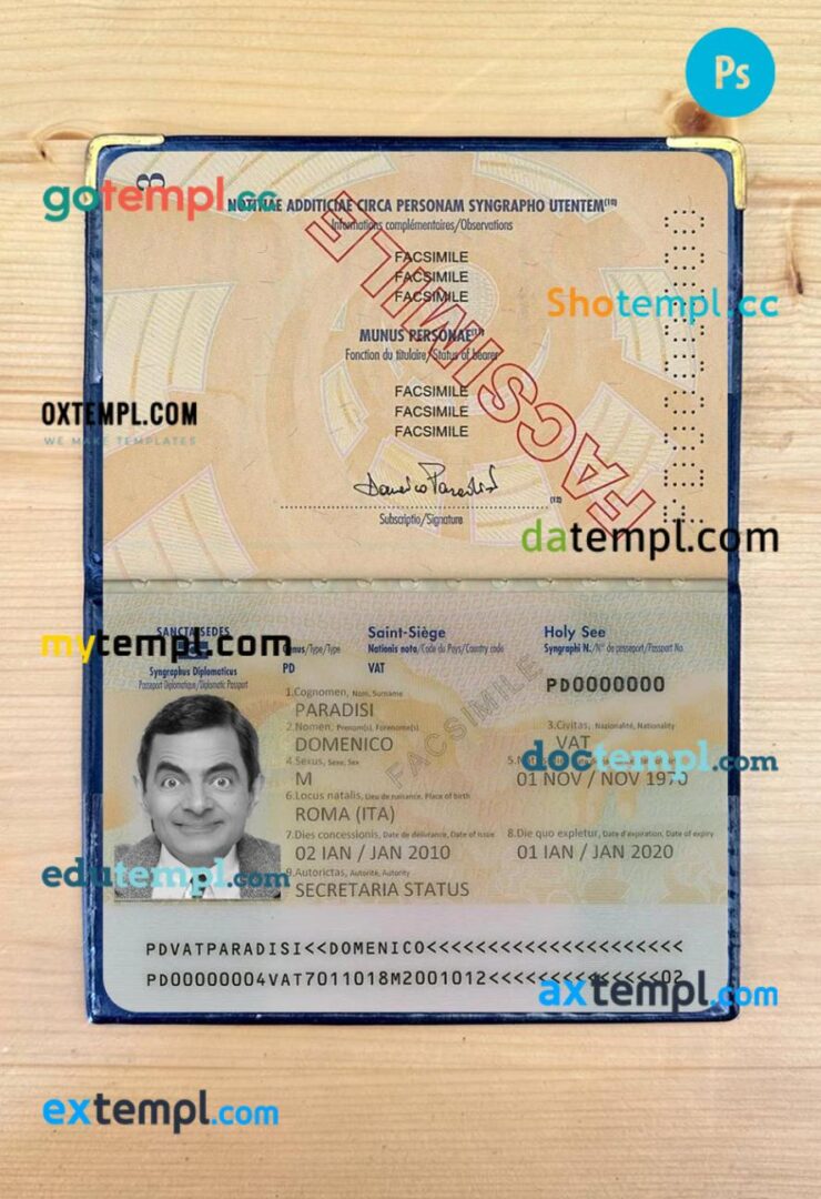 Vatican diplomatic passport PSD files with address page, scan and photo-realistic look