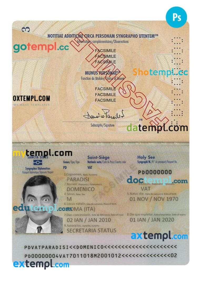 Vatican diplomatic passport PSD template