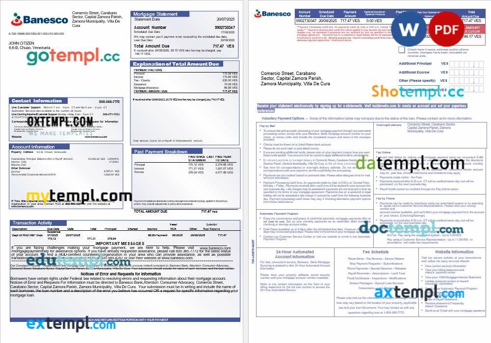 Venezuela Banesco bank mortgage statement in Word and PDF formats, 3 pages