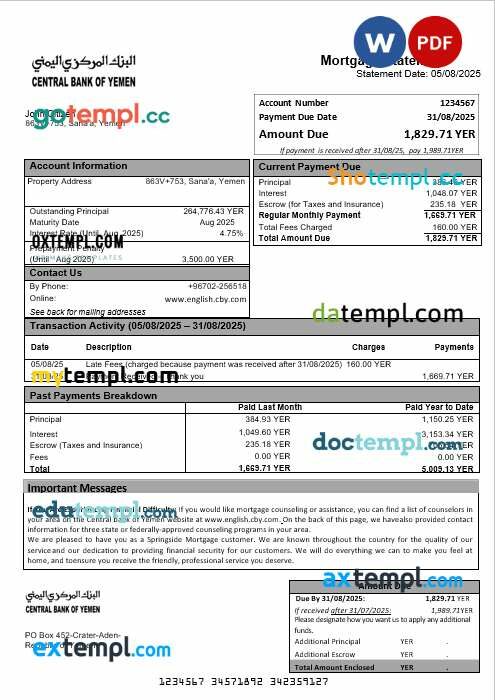 Yemeni Central Bank of Yemeni bank mortgage statement in Word and PDF formats