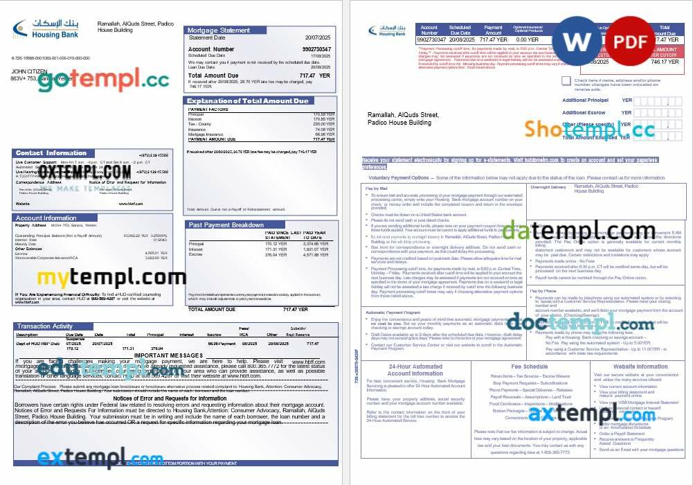 Yemeni Housing Bank mortgage statement in Word and PDF formats, 3 pages