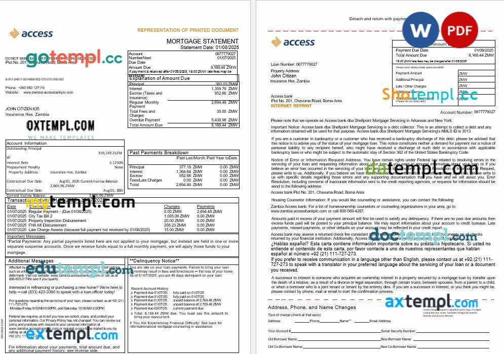 Zambia Access bank mortgage statement in Word and PDF formats, 3 pages