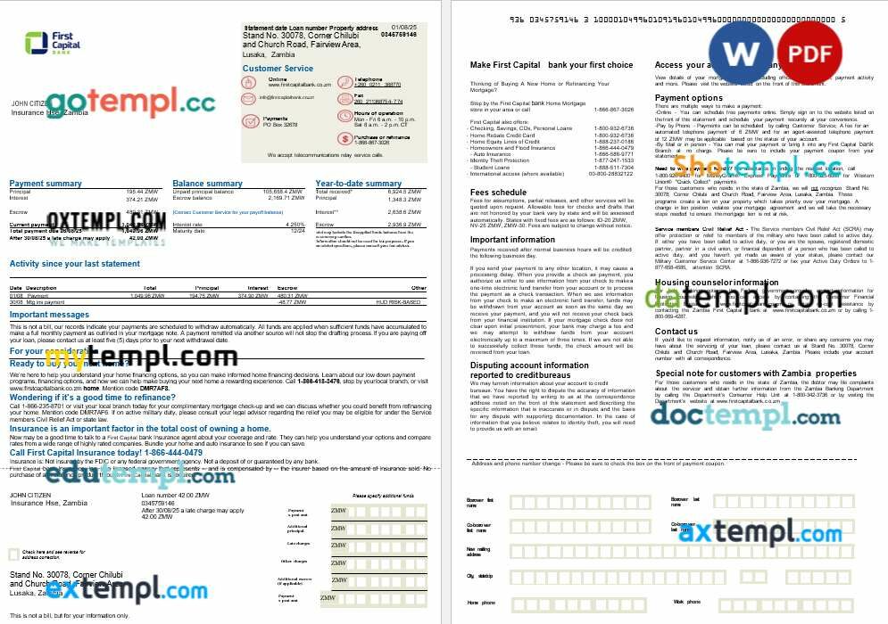 Zambia First Capital Bank mortgage statement in Word and PDF formats, 2 pages