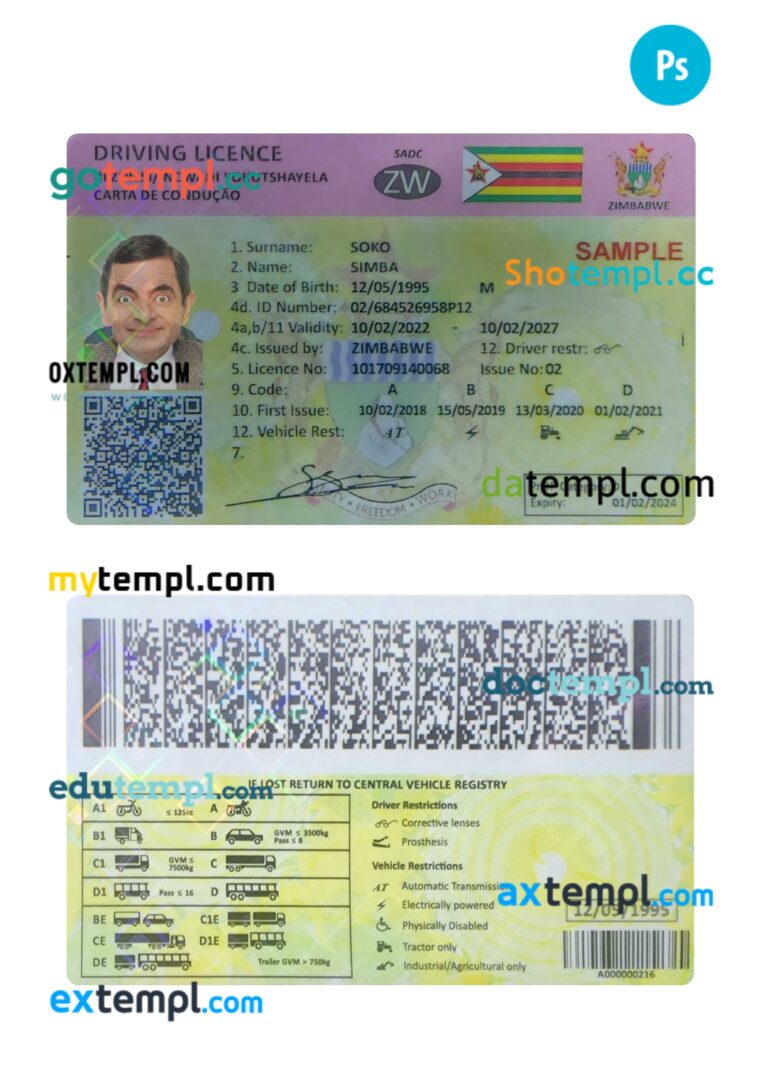 Zimbabwe driving license PSD editable template