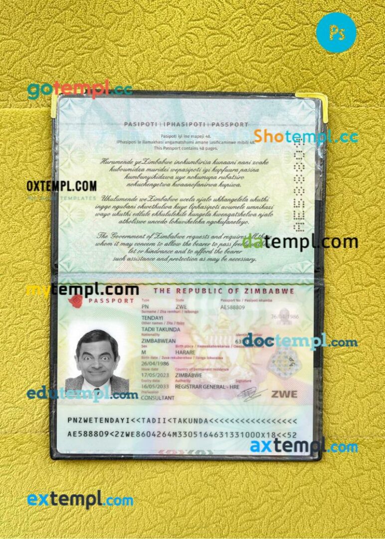 Zimbabwe passport editable PSD files with address page, scan and photo-realistic look, 2023-present